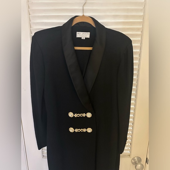 St. John Evening formal black dress. With silk collar, gold, and rhinestones. - Picture 2 of 4